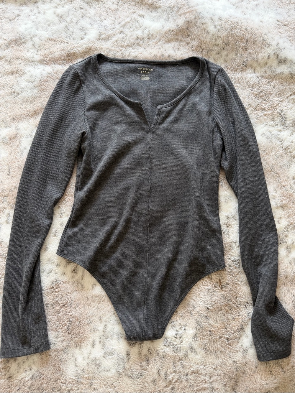 American Eagle Outfitters Dark Charcoal Ribbed Long-Sleeve Bodysuit